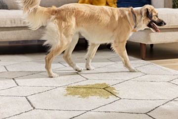 Pet accident on carpet with dog nearby.