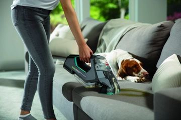 Pet Stain Eraser cleaning pet stain off couch.