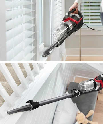 Using Dusting Brush and Extension Wand with Crevice Tool to clean above floors.