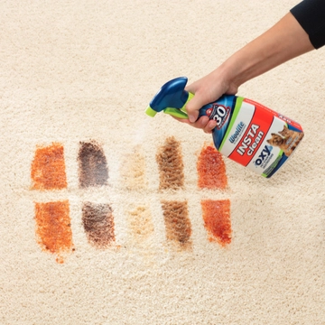 Woolite INSTAclean Pet Stain Remover being sprayed onto stains on carpet.
