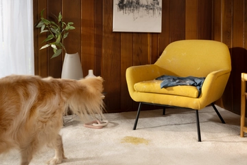 Dog leaving a room with pee on a carpet in front of a chair