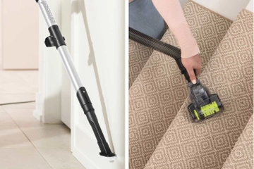 2-in-1 Dusting Brush on extension wand of hose vacuuming baseboards and Pet TurboEraser Tool attachment vacuuming stairs
