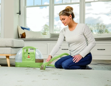 Little Green cleaning pet stains off area rug in living room.