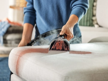 Little Green HydroSteam Portable Cleaner cleaning stain off couch.