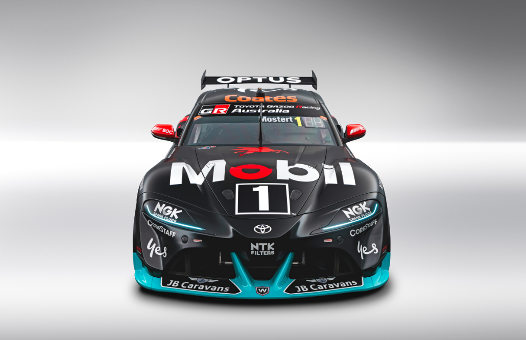 The #1 Toyota Supra Supercar driven by Chaz Mostert in the Supercars Championship sponsored by Mobil 1