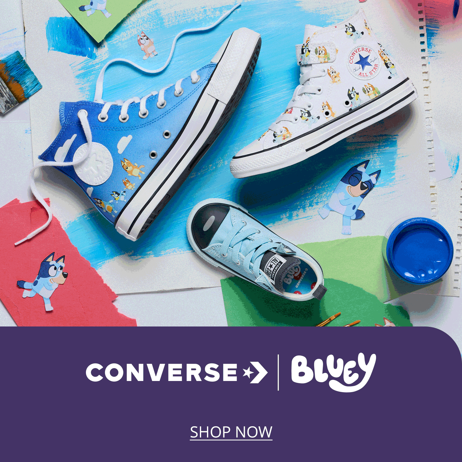 Converse kids Chuck Taylor All Star Eva Lift Bluey sneaker, women's chuck taylor all star high top Bluey sneaker, Converse kids mid top Bluey sneaker, toddler Converse madison low Bluey sneakers