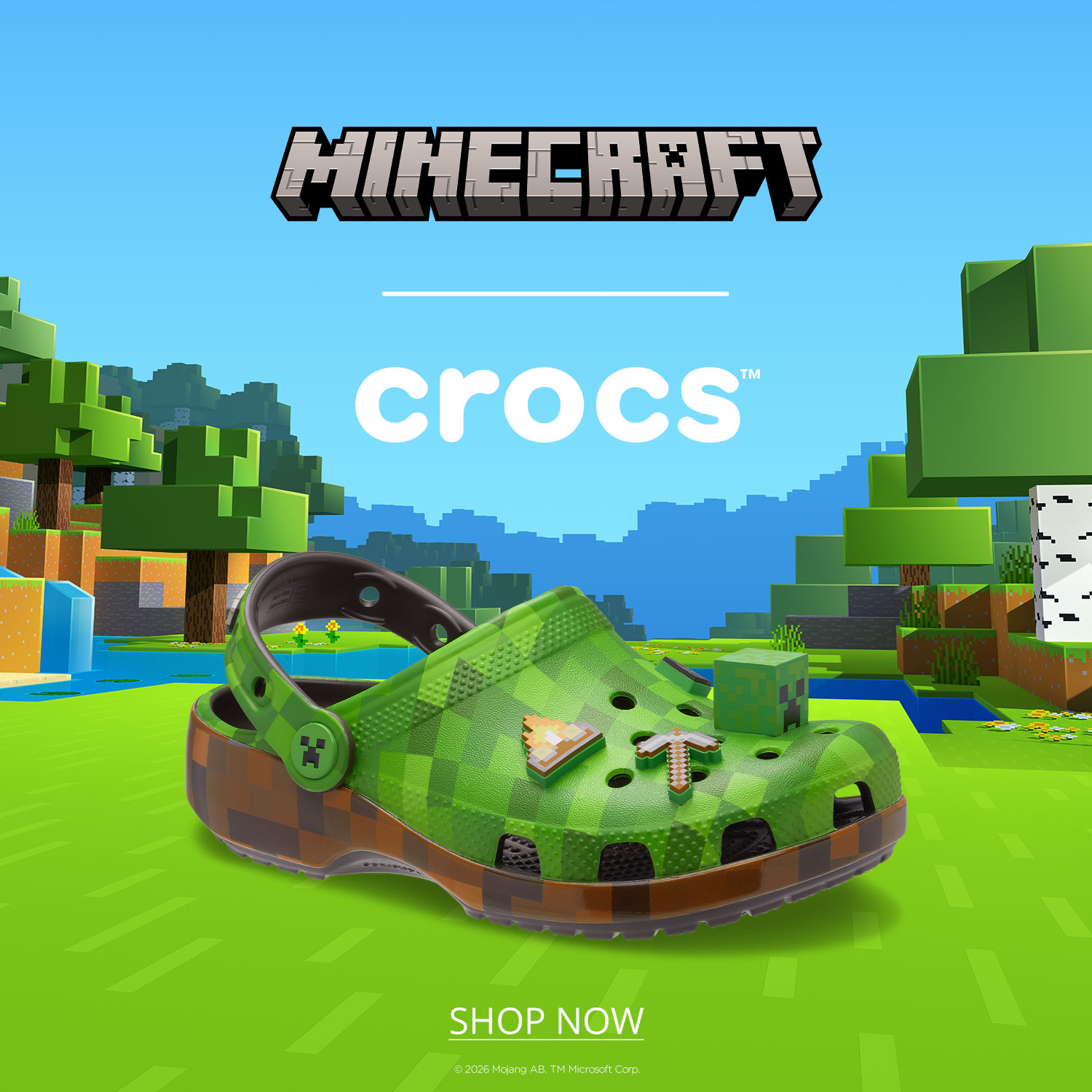 Minecraft themed Crocs clog against a Minecraft video game screen background