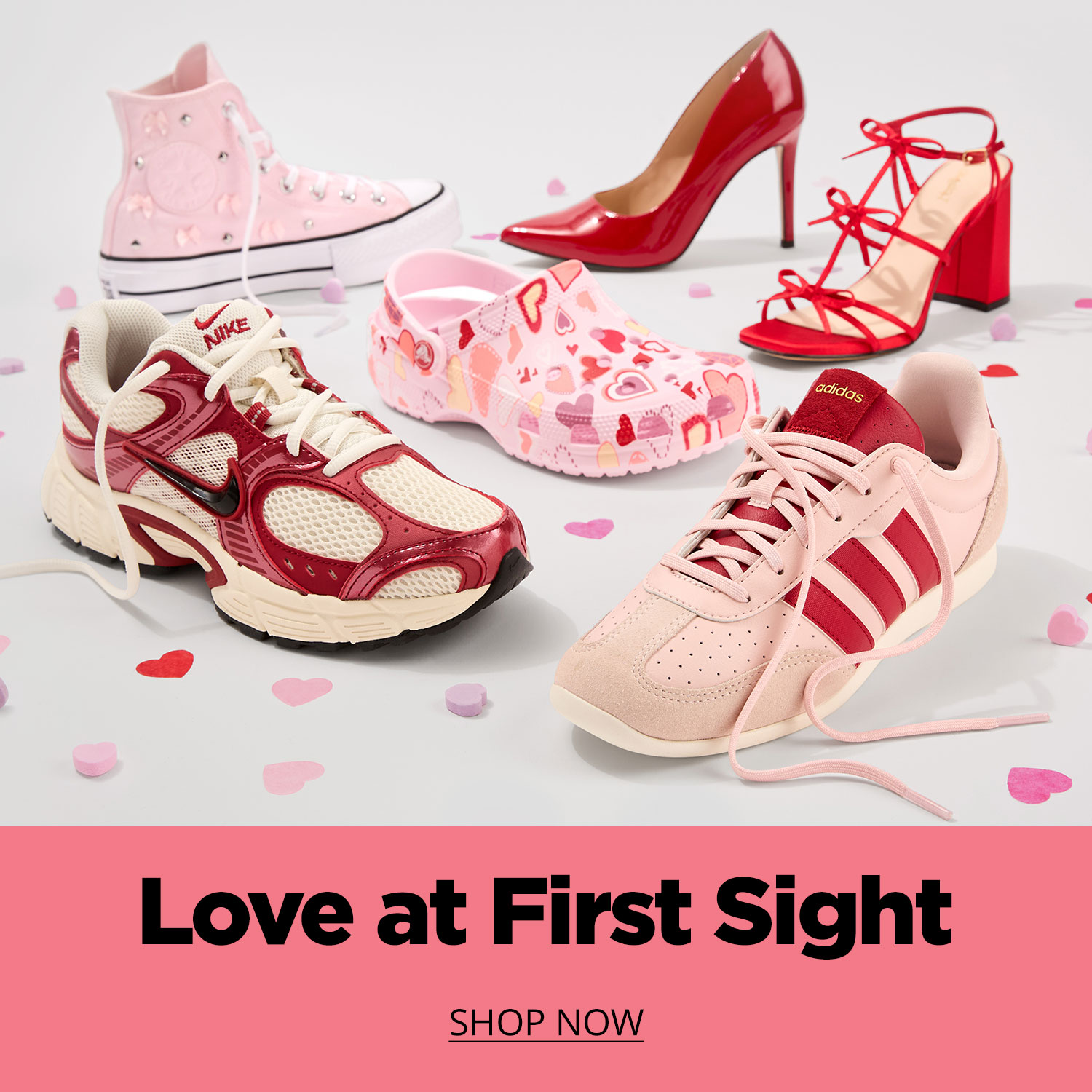 Assorted Valentine's Day holiday color-themed styles of shoes with text saying Love at First Sight