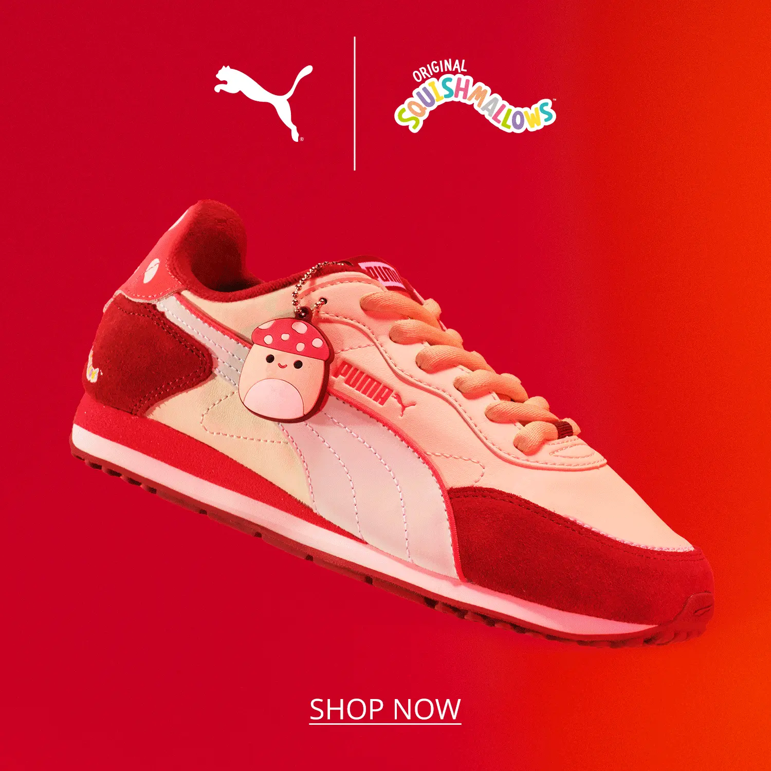 gif image one showing a women's St. Miler Rose Squishmallow Puma sneaker, gif image two showing a kid's Rebound Layup Squishmallow Puma sneaker