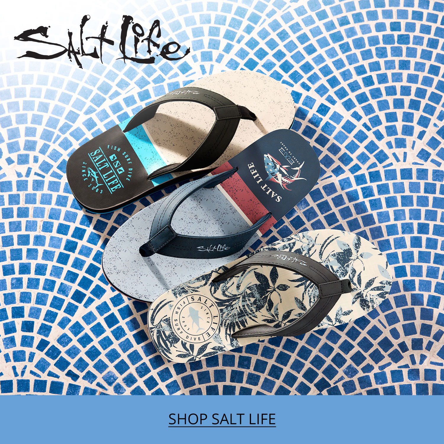 Three pairs of unique and stylish Salt Life Flip Flops lined up, looking from the overhead against a blue and white tiled floor near the resort pool.