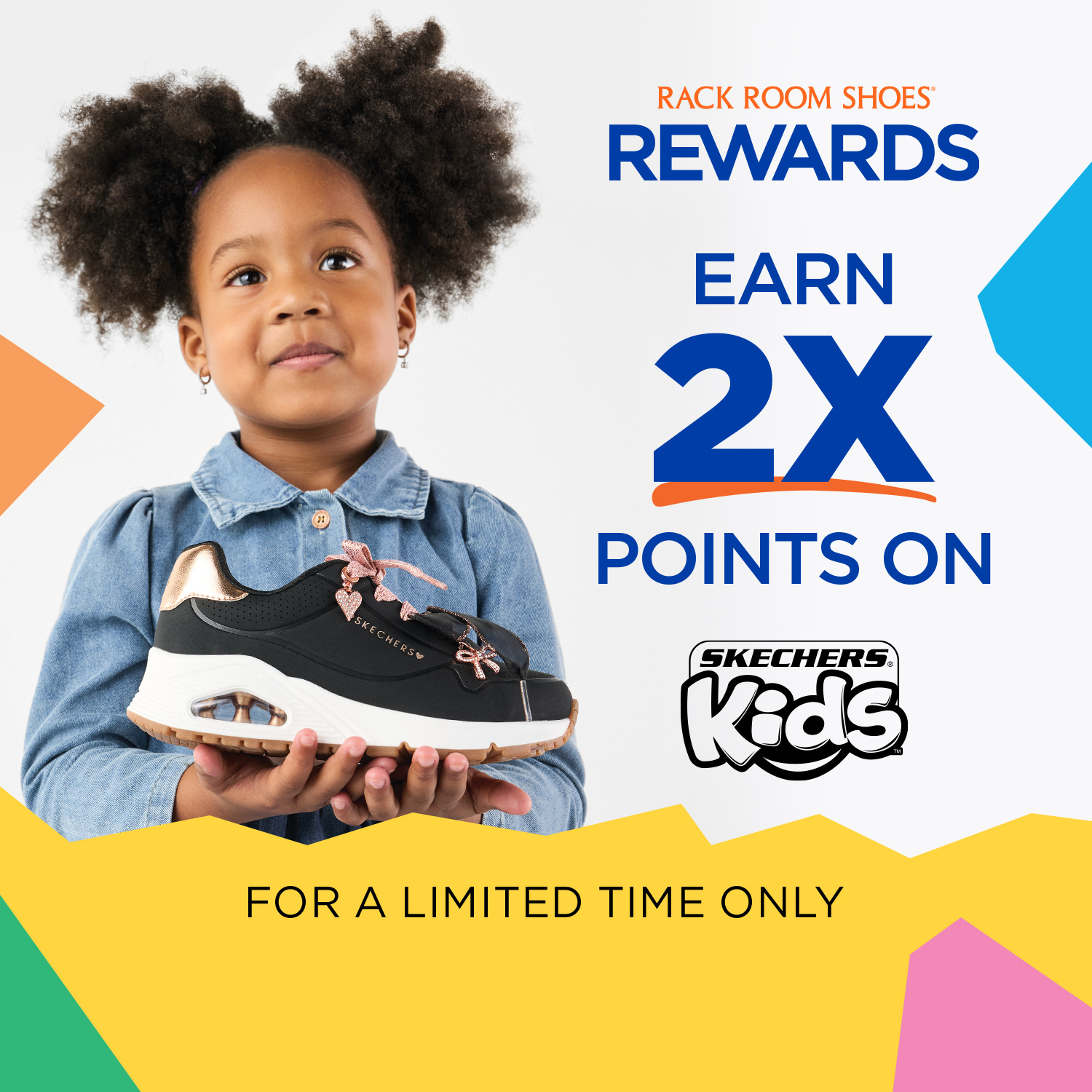 A cute girl child is holding fashionable sneakers from Skechers in hands. Rack Room Shoes Rewards Earn 2X Points on Skechers Kids For a Limited Time Only.