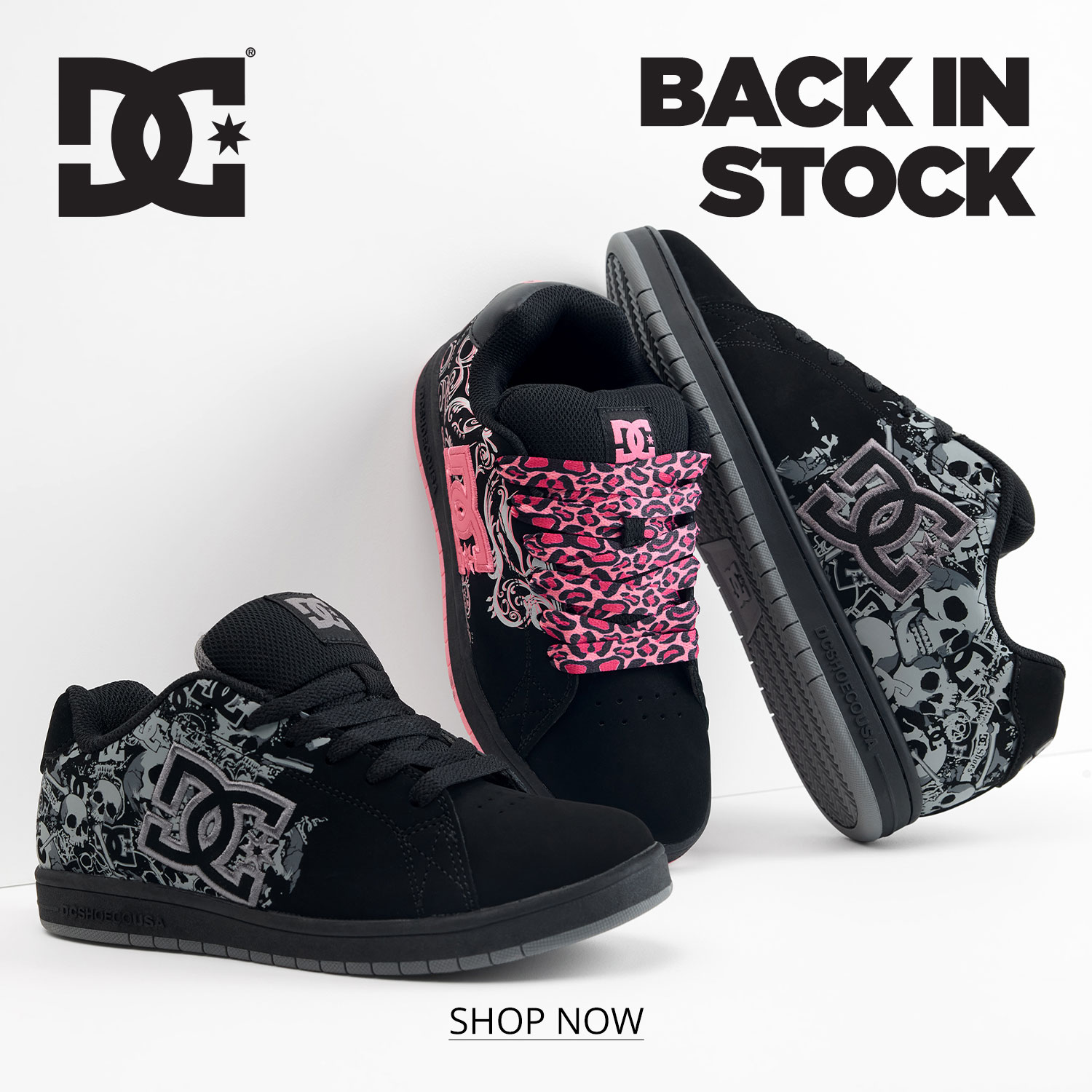 DC Shoes Back In Stock 3 different styles of DC Shoes posed against a white background
