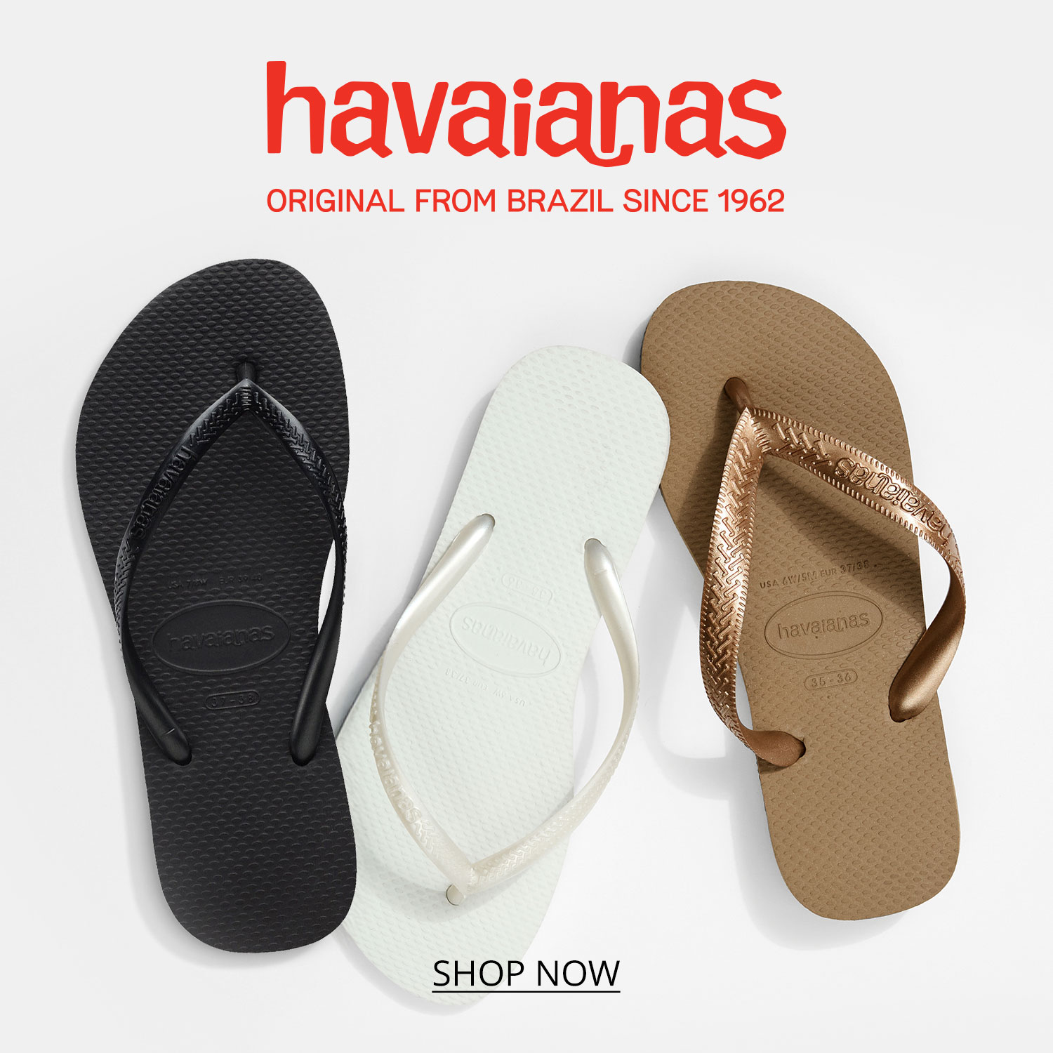 A lifestyle shot of a number of items including a pair of black, bronze and white Havaianas flip flops on top of a white background.