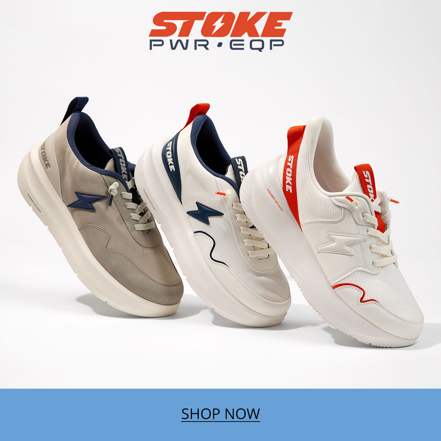 Three pairs of the new Stoke sneakers with extra support and comfort positioned on their toes from left to right against a white background.