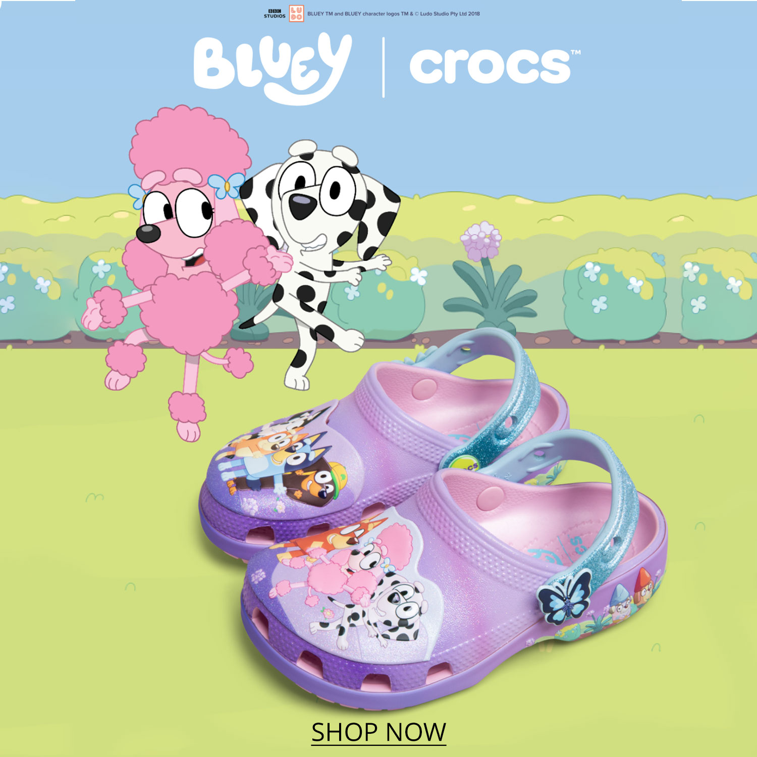 A pair of Bluey themed Crocs clogs with a Bluey animated scene that has Coco and Chloe characters dancing in the background