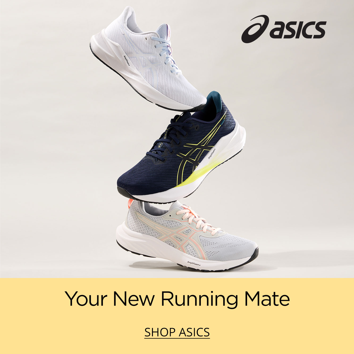 Three high-performance Asics running shoes stacked carefully and artisictically on top of each other against a soft white background.