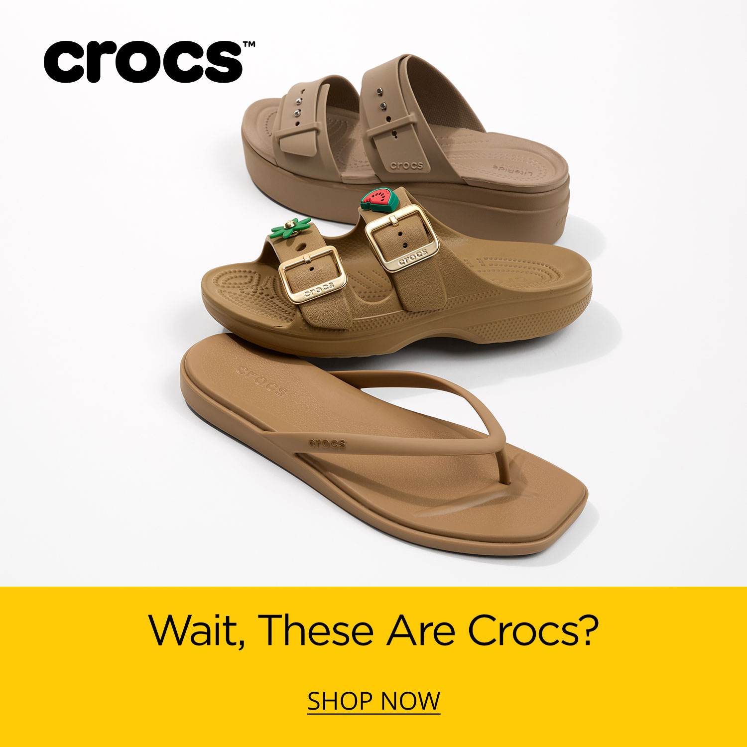 Three pairs of Crocs sandals, including a flip flop, lined up slightly on top of each other vertical on a white background.