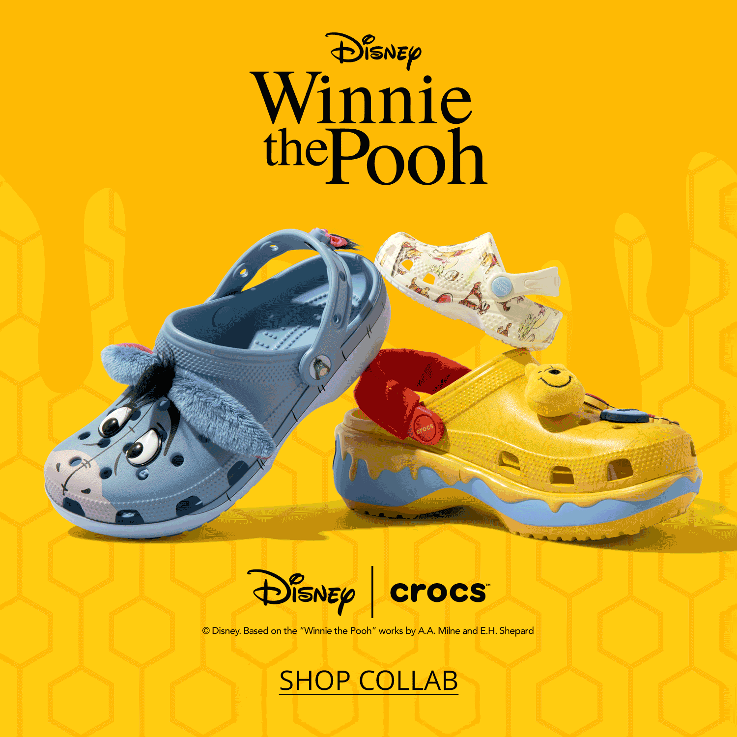 gif image showing Winnie the Pooh themed Crocs styles Women's Eeyore Crocs, Women's Winnie the Pooh Crocs, Infant Boys's/Girls' Winnie the Pooh Crocs