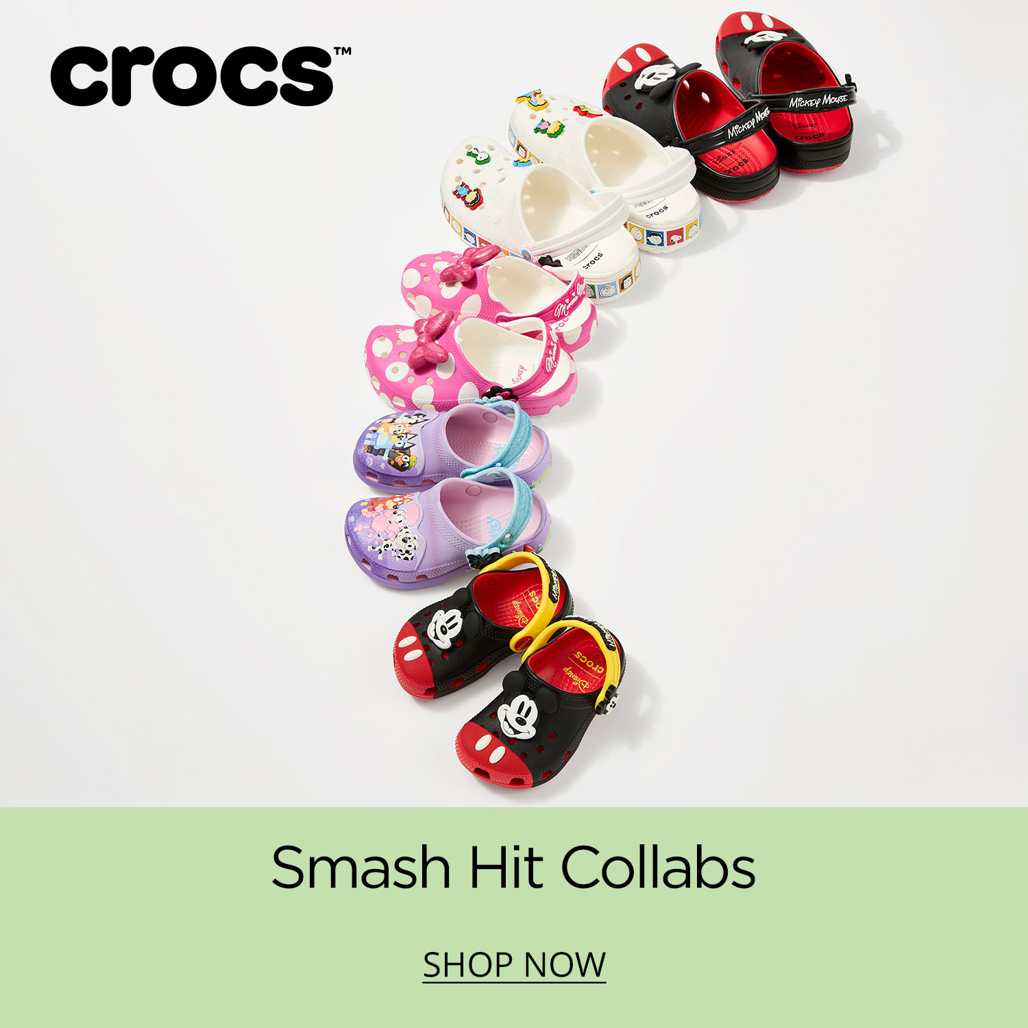 Assorted themed Crocs clogs featuring the logo and six different crocs with assorted Jibbitz.