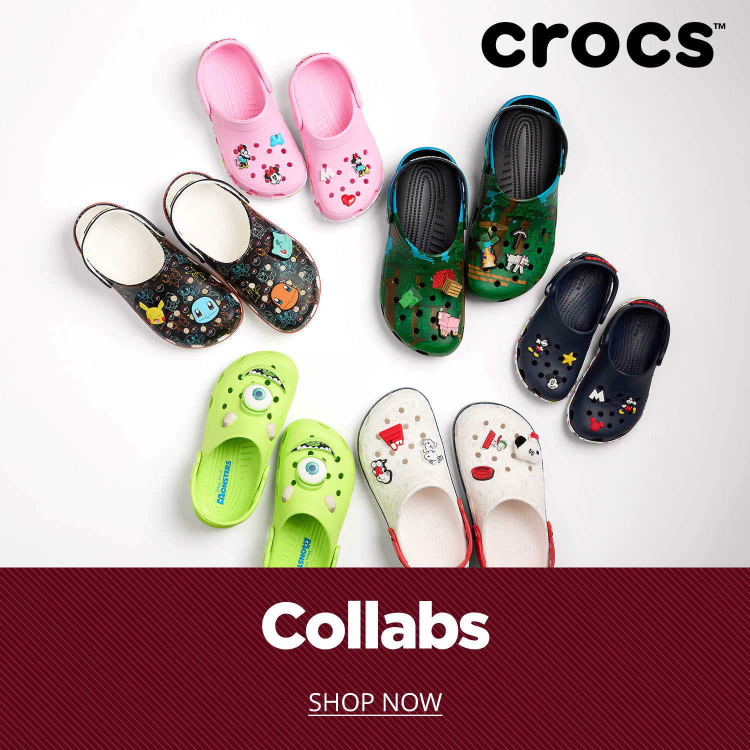 Selection of collaboration themed Crocs clogs