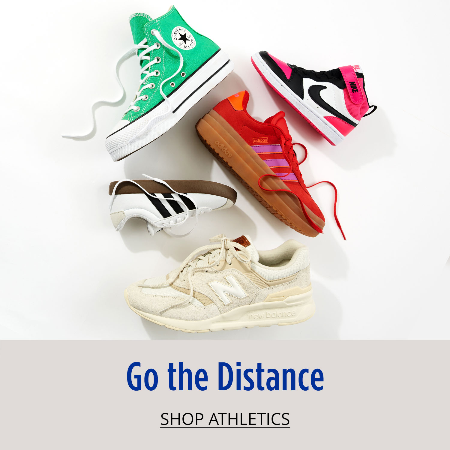 Nike, adidas, converse, and new balance athletic sneakers