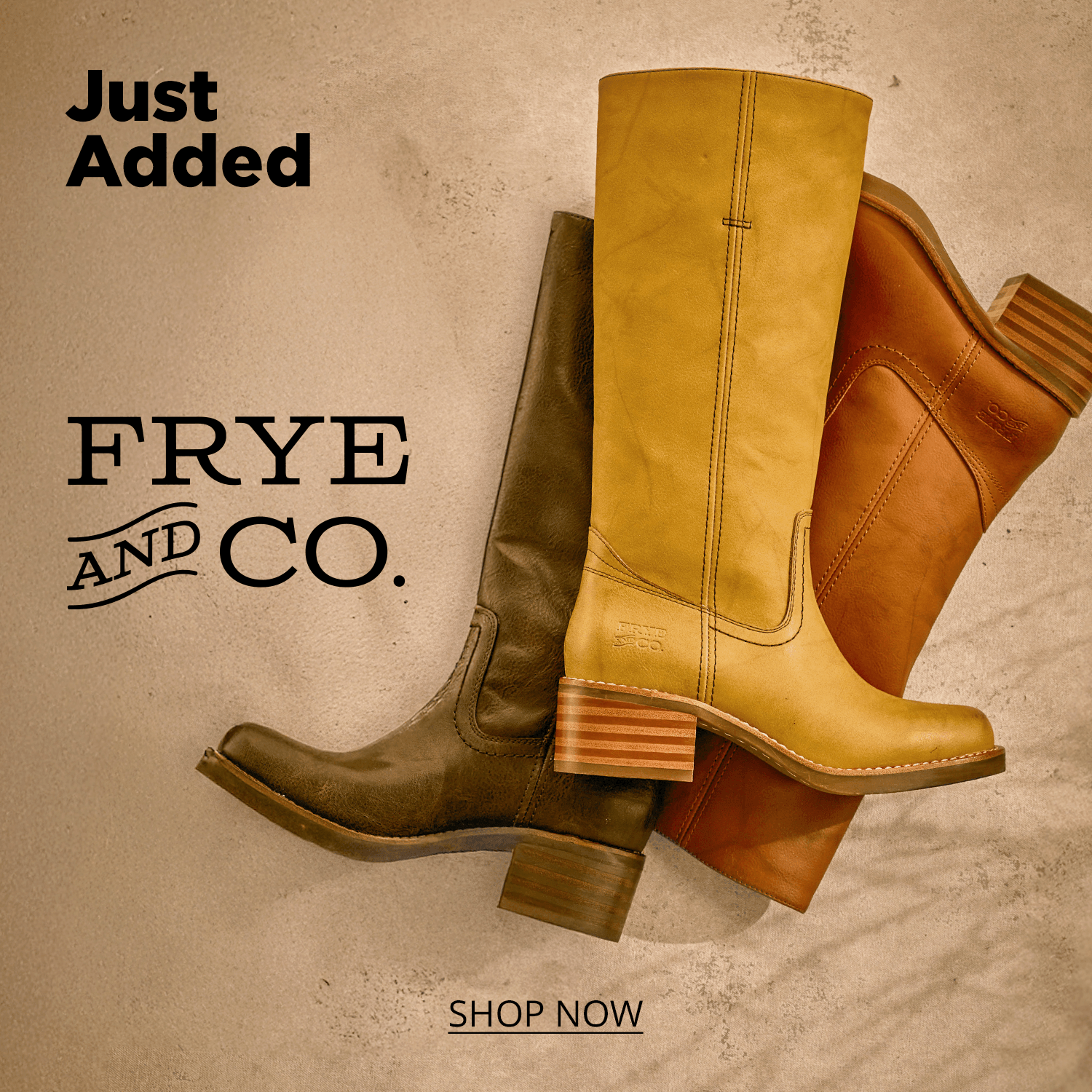 Three tall different colored brown Frye and Co. boots overlaid on top of each other looking from over the top down.