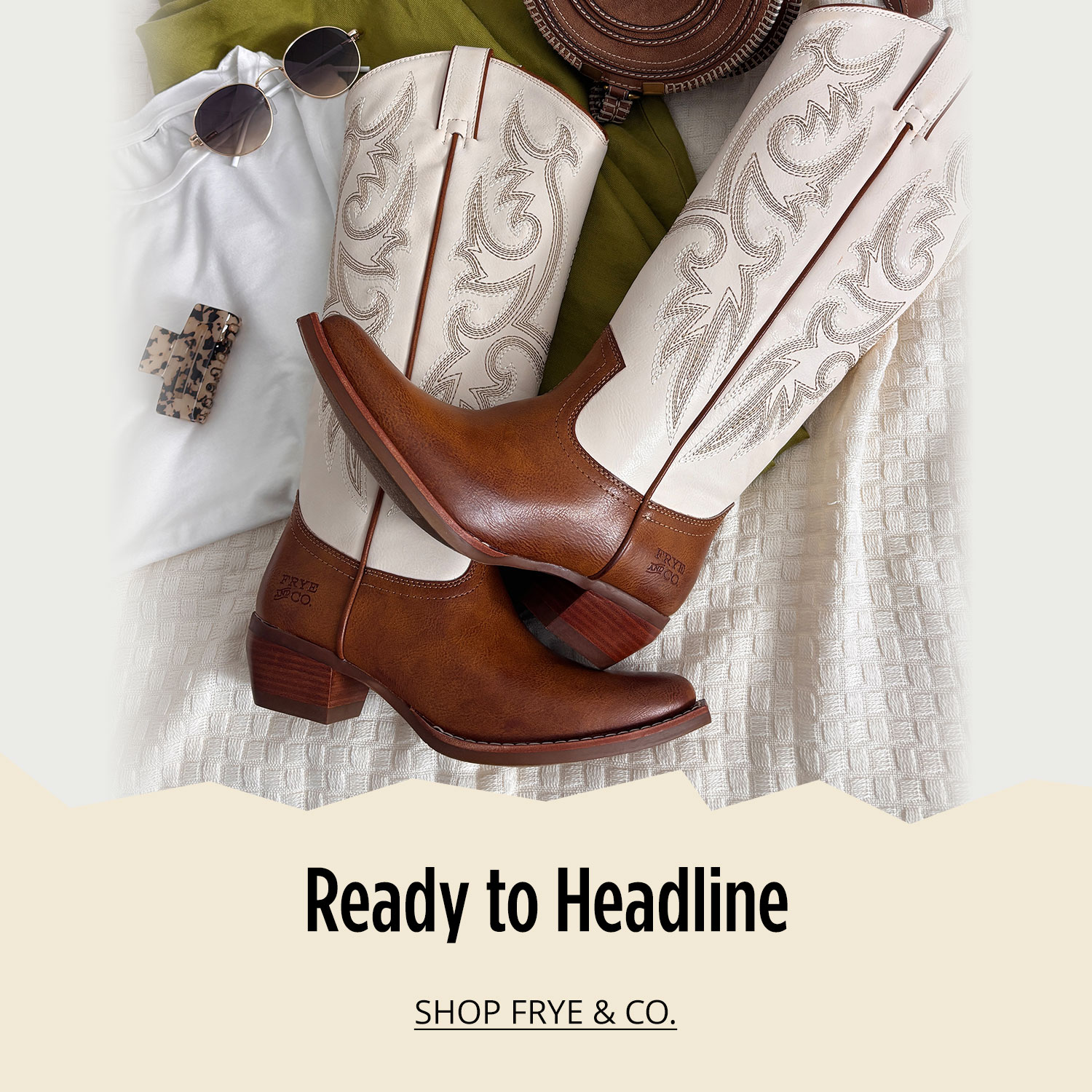 Frye and Co. boots styled with sunglasses, white tee, green pants and brown handbag on floor			