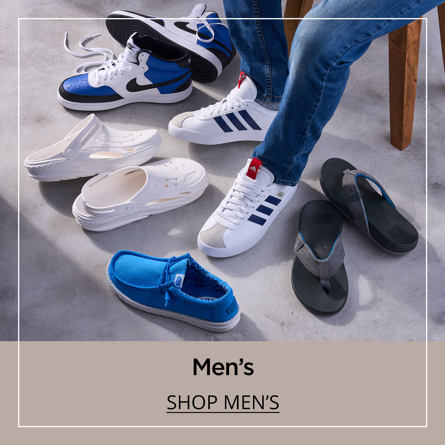 Nike Court Vision Mid Men’s Sneaker, adidas VL Court 3.0 Men's Sneaker, Heydude Wally Men's Slip On Sneaker, Crocs Off Grid Men's Clog, Reef Cushion Spring Men's Sandal