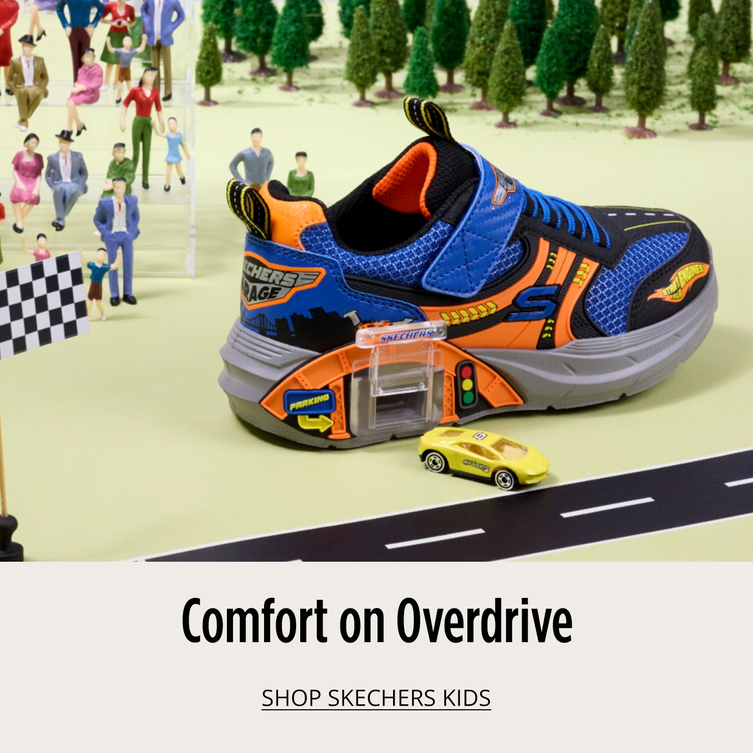 Skechers Kids Garage shoe with race track and tree background