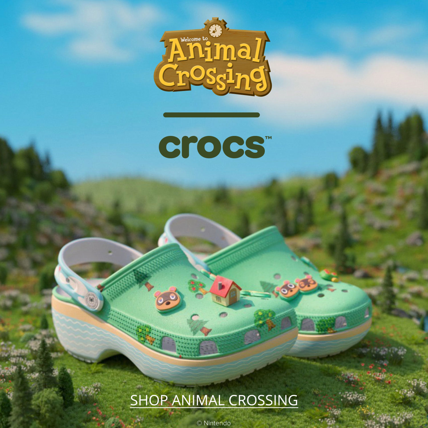 images showing women's Crocs Animal Crossing collaboration clog sandal