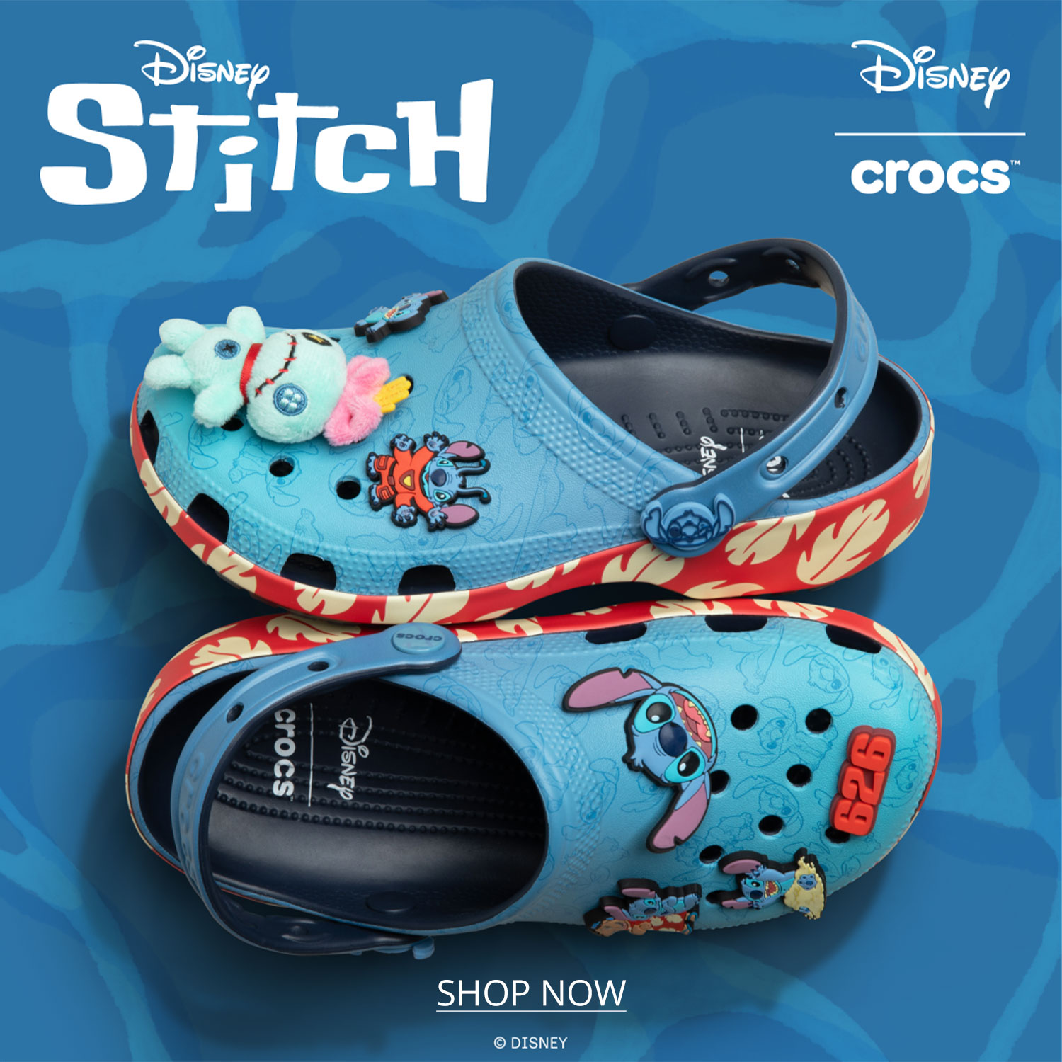 Disney's Stich Crocs, both adult and kids on an ocean colored background.		