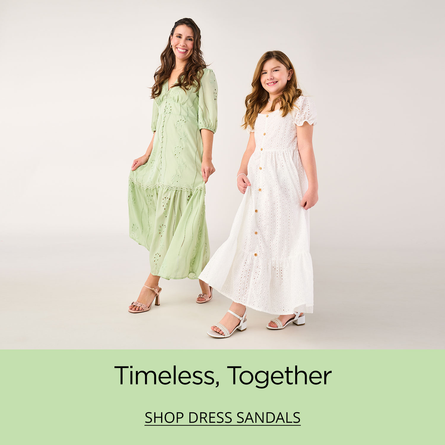 A mom and her daughter both wearing light dresses and stylishly comfortable dress sandals ready for their next Sunday outing or special occasion.