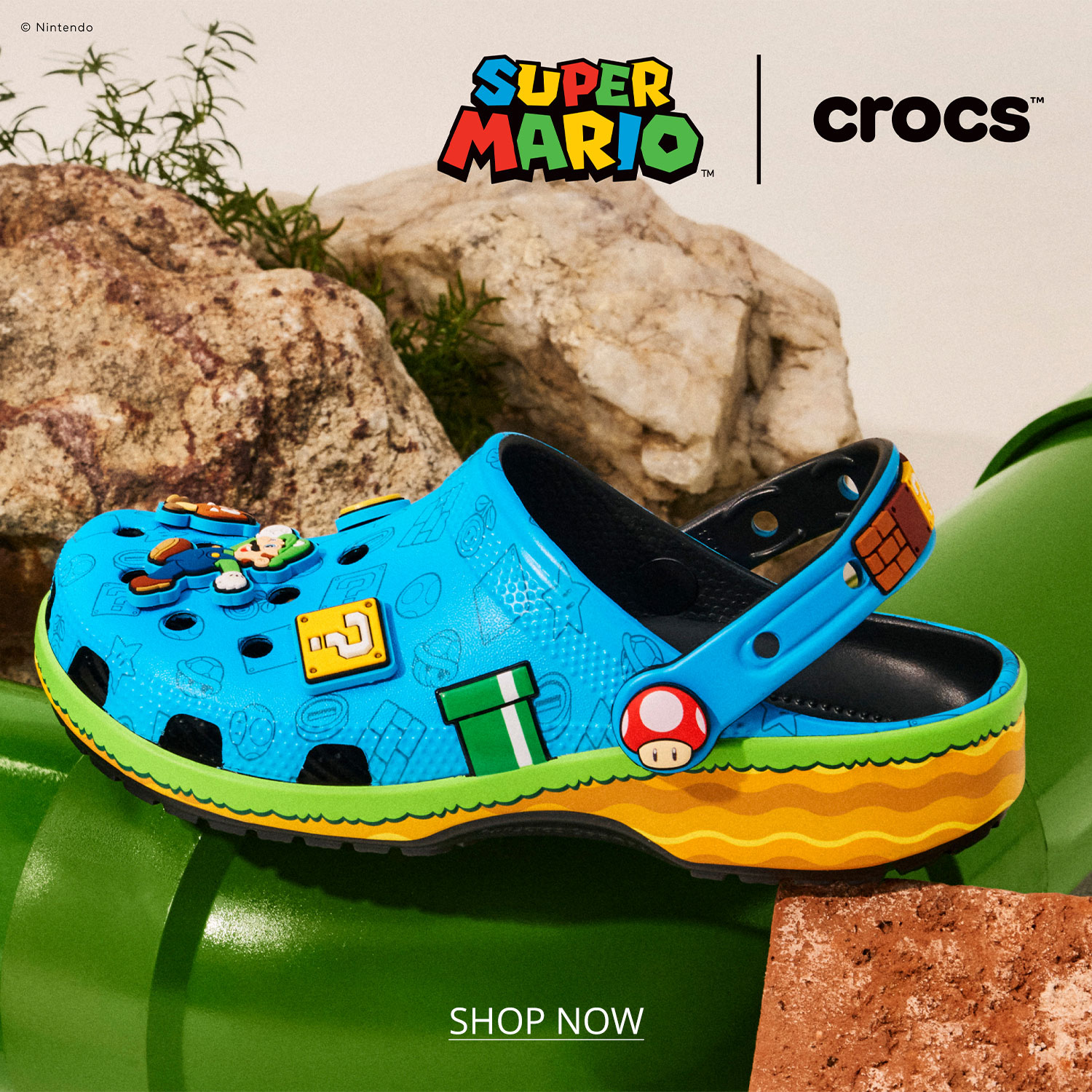 The all new Super Mario Crocs Clogs are available at Rack Room Shoes