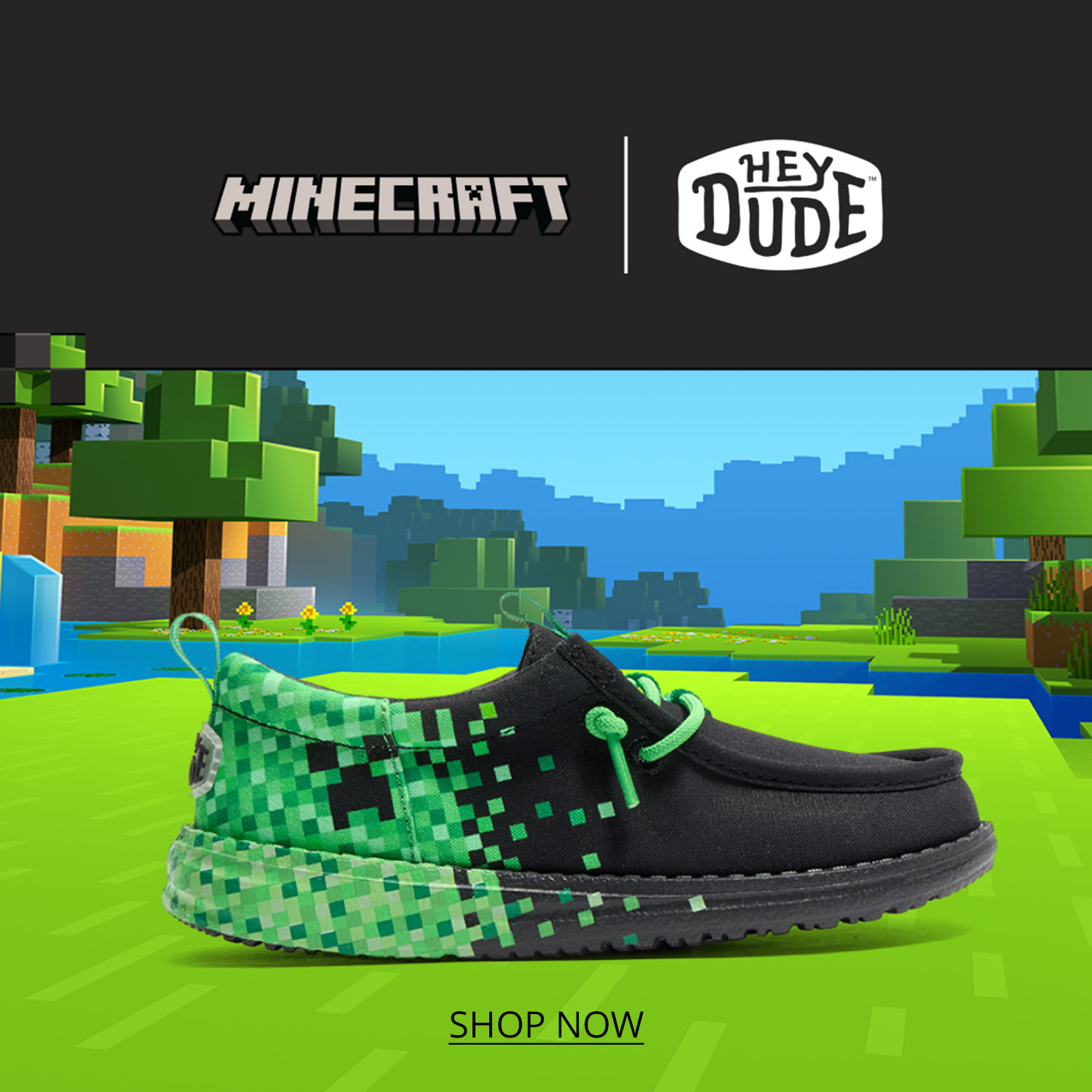 Minecraft themed Heydude Wally kids' slip-on shoe against a Minecraft themed background