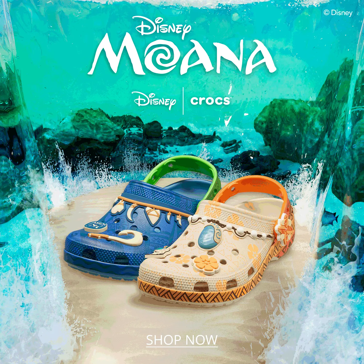 gif image showing girls' and boys' Disney Moana themed kids' Crocs classic clog styles 