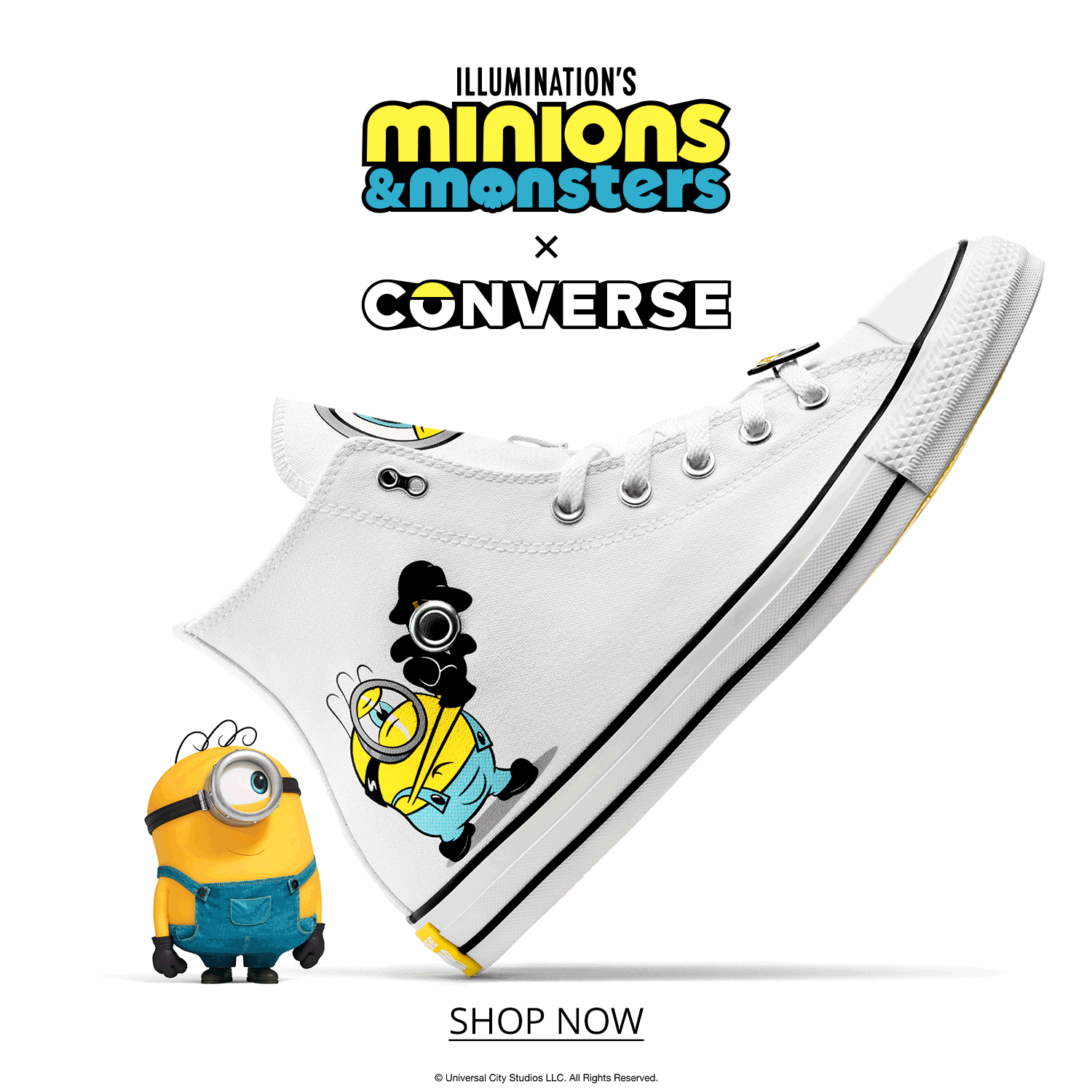 White and yellow Converse Minion shoes at unique angles with cartoon minions inspecting and poking out of the shoes.