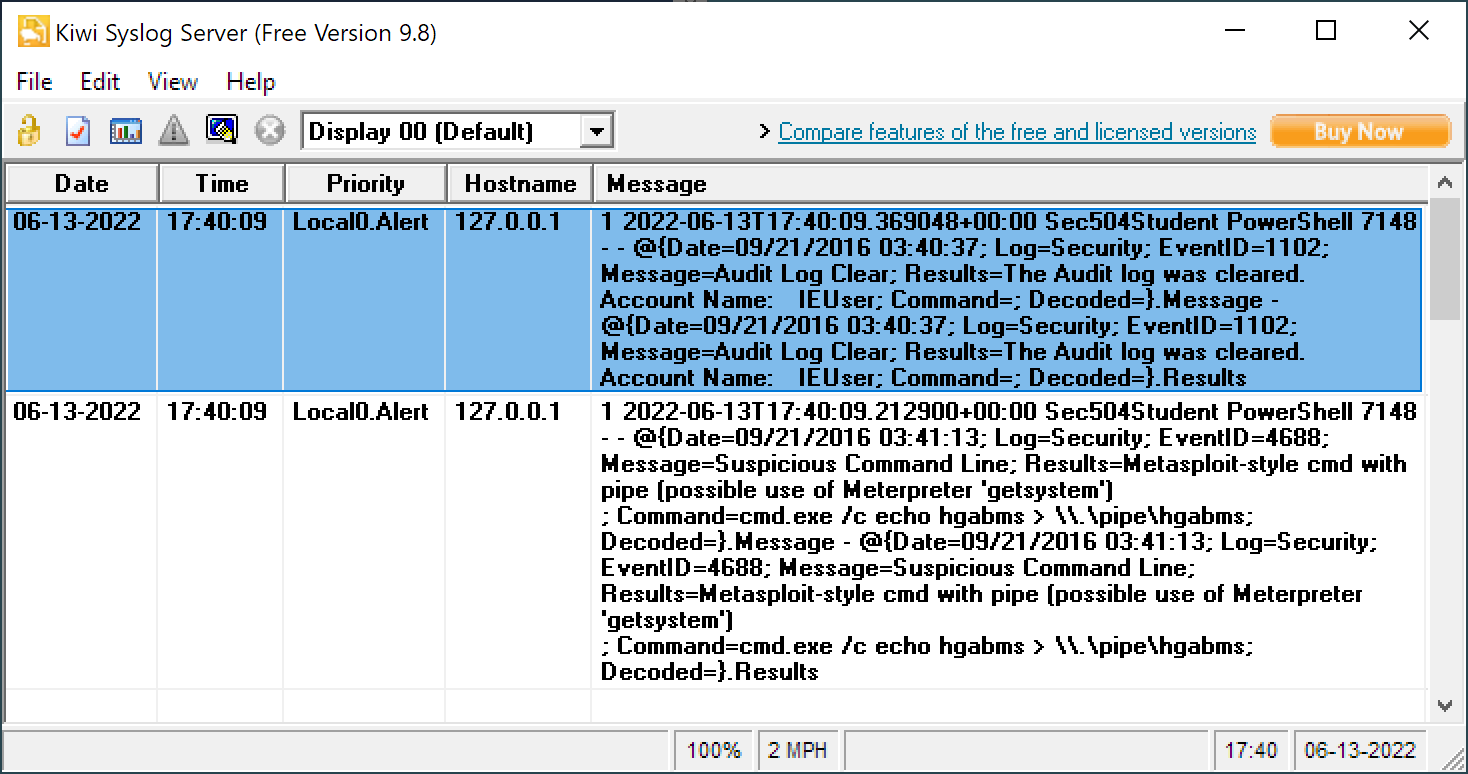 Kiwi Syslog server shows two messages corresponding to the two DeepBlueCLI alerts