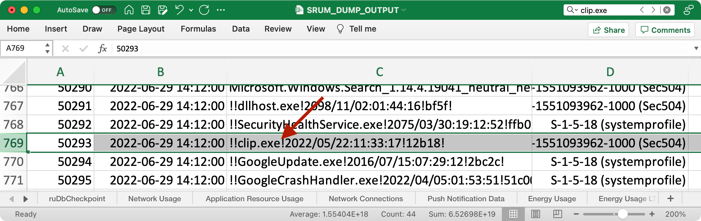 Excel spreadsheet titled SRUM_DUMP_OUTPUT showing output of SRUM-Dump tool; arrow pointing to entry indicating execution of clip.exe