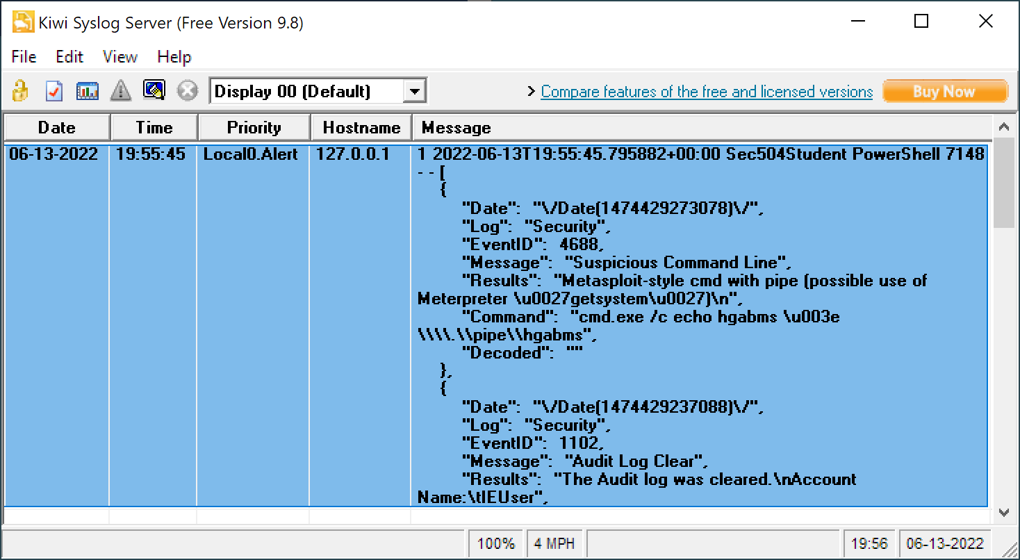 Kiwi syslog, showing a single Syslog message consisting of multiple DeepBlueCLI alerts in JSON format