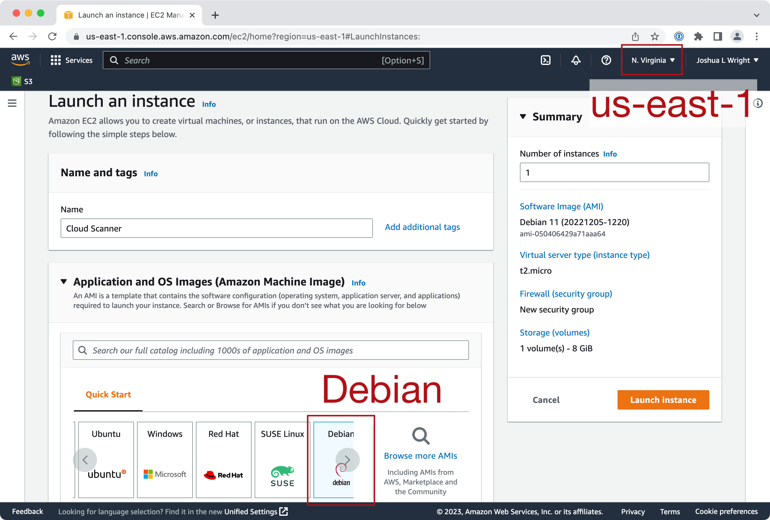 Screenshot of AWS Launch an instance page, noting N. Virginia region as us--east-1 and selected Debian AMI. Instance name is configured as Cloud Scanner.