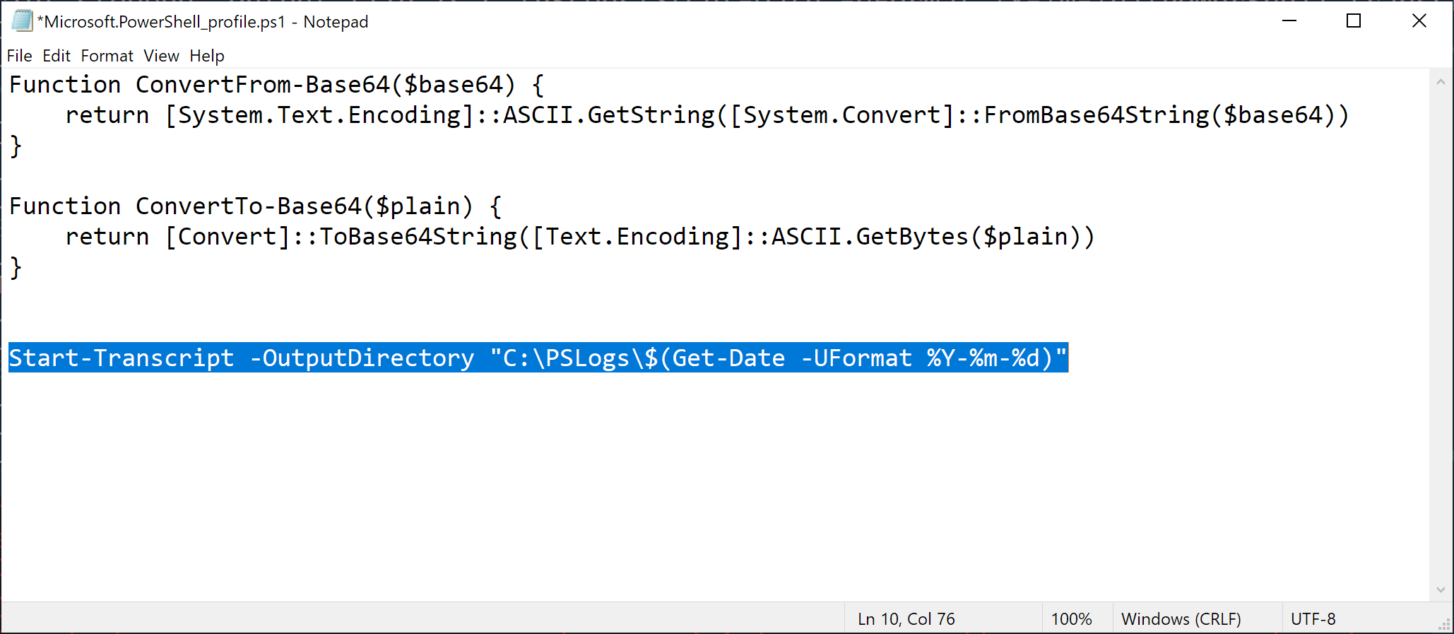 Notepad application displaying existing Base64 encode/decode functions and highlighted Start-Transcript command