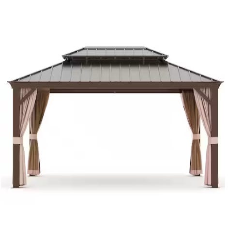 A metal hardtop gazebo with a double roof design and attached curtains, providing outdoor shade and shelter.