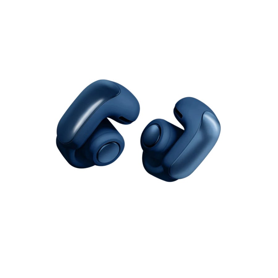 Blue wireless earbuds with a sleek, rounded design.
