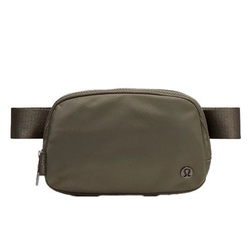 Olive green waist bag with a simple design featuring a Lululemon logo, adjustable strap, and zipper closure.
