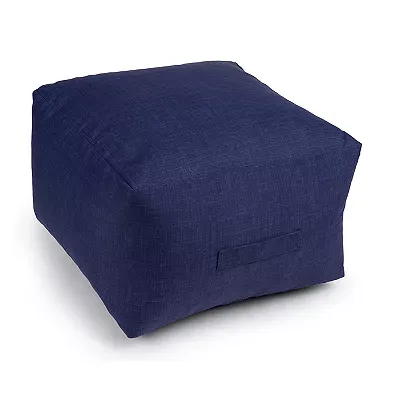 Navy blue square pouf ottoman with a textured fabric, suitable for both indoor and outdoor use.