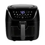 Black PowerXL Vortex Air Fryer with a digital control panel showing the temperature of 425 degrees and multiple cooking preset options.