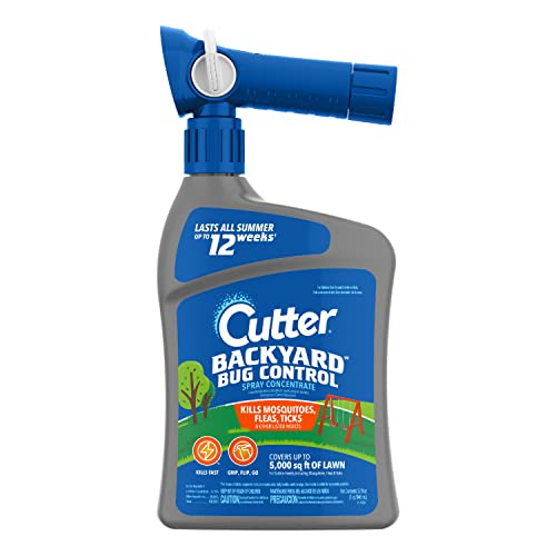 A Cutter Backyard Bug Control Spray bottle with a blue spray nozzle, claiming to kill mosquitoes, fleas, and ticks and last for 12 weeks.