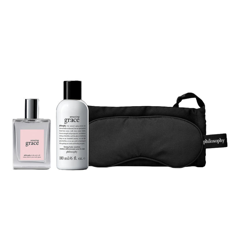 3pc Amazing Grace Holiday Gift Set includes a 60ml eau de toilette spray, a 180ml firming body emulsion, and a black sleep mask with the \“philosophy\“ label.