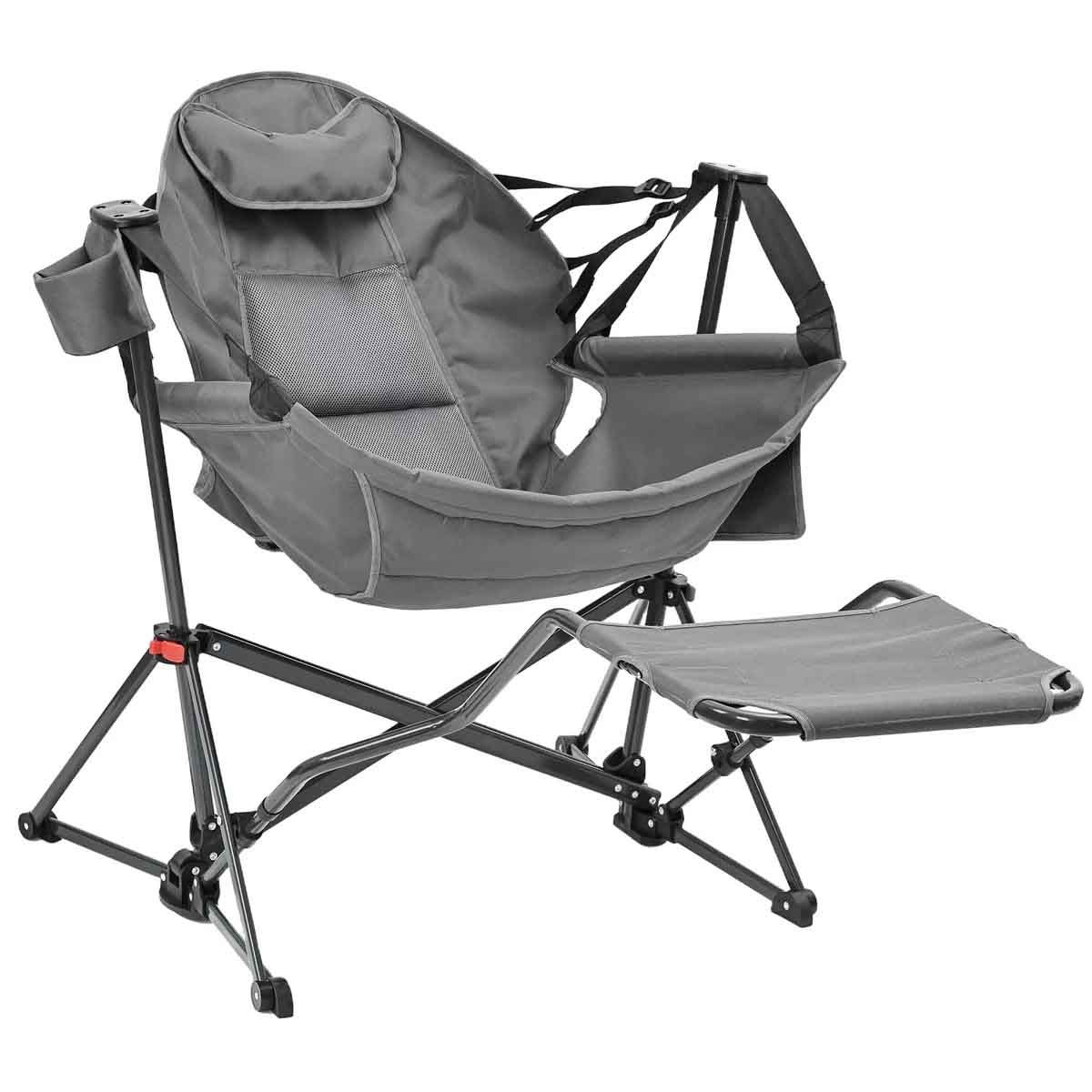 Folding camping chair with a built-in footrest, cup holder, and adjustable headrest, featuring a sturdy metal frame and mesh fabric for comfort and support.