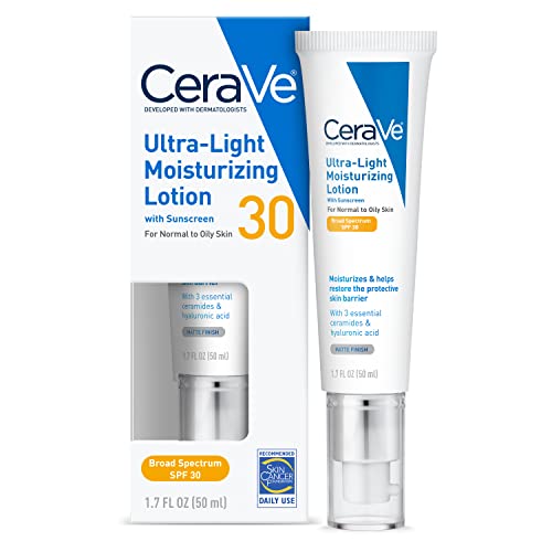 CeraVe Ultra-Light Moisturizing Lotion SPF 30 is presented in a white tube with blue and white packaging, designed for normal to oily skin, and contains 1.7 fl oz (50 ml).